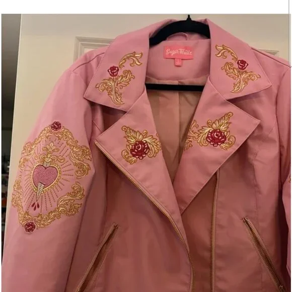 NWOT Sugar Thrillz Faux leather Embroidered Pink moto Jacket - Picture 4 of 4